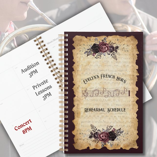 Vintage-Blumenfrenchhorn-Probenplaner Planer (Elegant vintage floral French Horn rehearsal planners keep music student stylishly organized.)