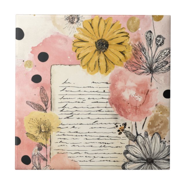 Vintage Blumengemälde im Wassermalerei-Stil mit Sc Fliese (Vorderseite)