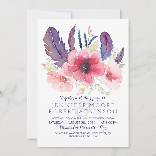 Vintage Blumenhochzeit Boho Einladung (Vorderseite)