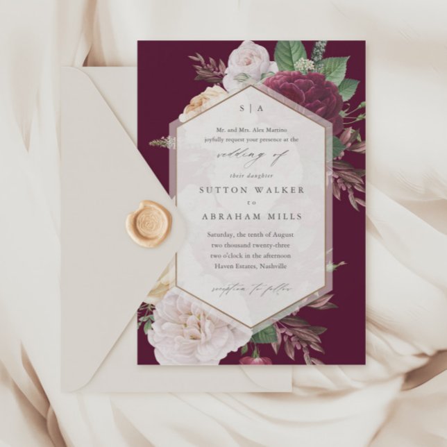 Vintage Blumenhochzeit Einladung (Vintage floral bouquet maroon wedding invitations.)