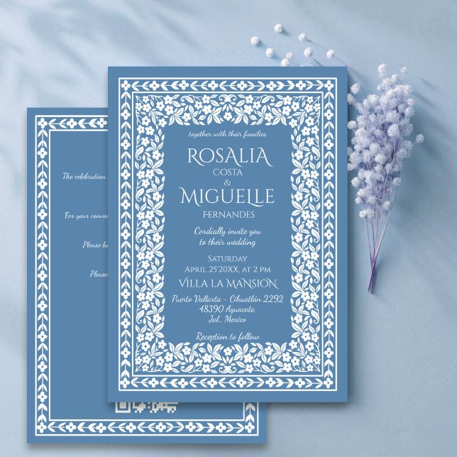 Vintage Blumenhochzeit Einladung (Dusty blue vintage floral border wedding invitation cards with rsvp template instant download)