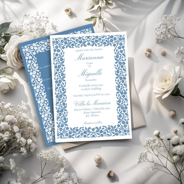 Vintage Blumenhochzeit Einladung (Dusty blue vintage floral border elegant wedding invitation cards with RSVP )