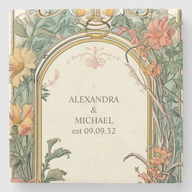 Vintage Blumenhochzeit Steinuntersetzer (Vorderseite)