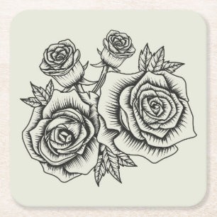Vintage-Blumenillustration einer Rosenblüte Rechteckiger Pappuntersetzer