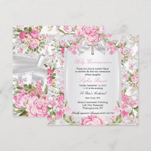 Vintage-Blumenkreuz Erste Kommunion Rosa 3 Einladung