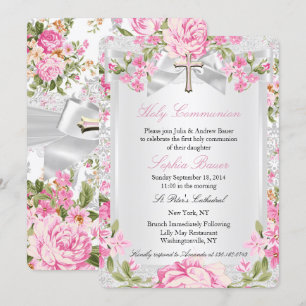 Vintage-Blumenkreuz Erste Kommunion Rosa 3 Einladung