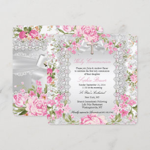 Vintage-Blumenkreuz Erste Kommunion Rosa 4 Einladung