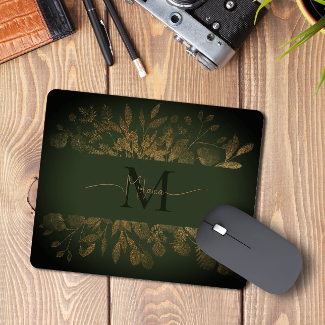 Vintage Blumenmonogramm Girl Green & Gold Glitzer Mousepad (Von Creator hochgeladen)