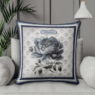 Vintage Blumenmuster Blau Chinoiserie Toile Monogr Kissen
