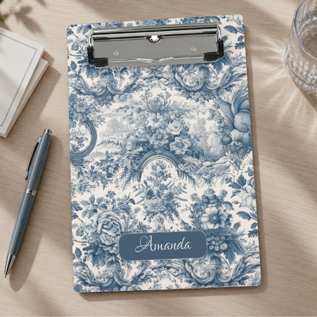 Vintage Blumenmuster Blau toile de jouy Monogramm Mini Klemmbrett (Von Creator hochgeladen)