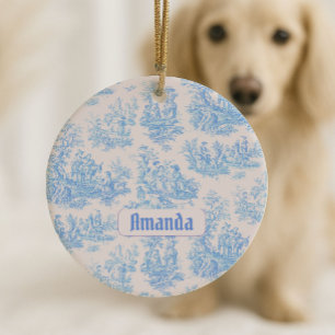 Vintage Blumenmuster blau Türkis Toile de Jouy Mon Keramik Ornament