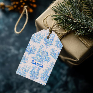 Vintage Blumenmuster blau Türkis Toile Jouy Monogr Geschenkanhänger