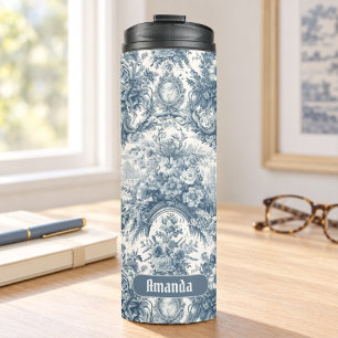 Vintage Blumenmuster Blaues Toile de Jouy Monogram Thermosbecher