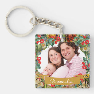 Vintage-Blumenmuster mit individuellem Foto Schlüsselanhänger