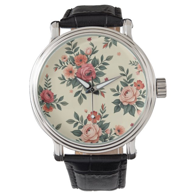 Vintage Blumenmuster mit klassischer Eleganz Armbanduhr (Vorderseite)
