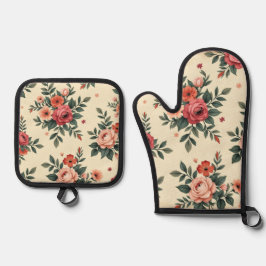Vintage Blumenmuster mit klassischer Eleganz Ofenhandschuh & Topflappen-Set