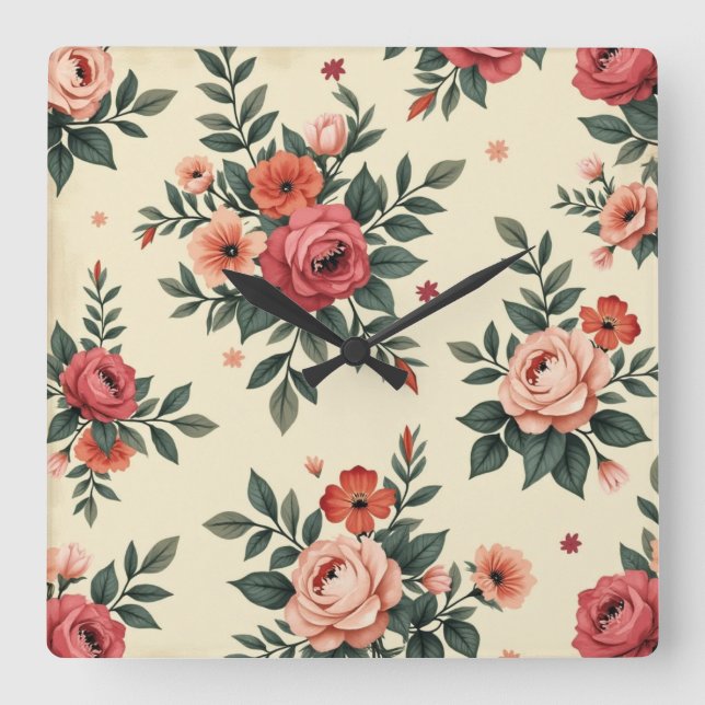 Vintage Blumenmuster mit klassischer Eleganz Quadratische Wanduhr (Vorderseite)