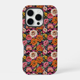 Vintage-Blumenmuster mit kräftigen Farben auf Schw iPhone 16 Pro Hülle