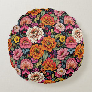 Vintage-Blumenmuster mit kräftigen Farben auf Schw Rundes Kissen