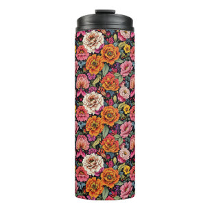 Vintage-Blumenmuster mit kräftigen Farben auf Schw Thermosbecher