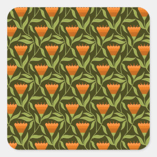 Vintage Blumenmuster mit orangen Tulpen  Quadratischer Aufkleber