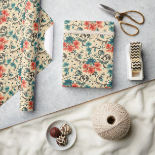 Vintage Blumenmuster mit roten und türkisfarbenen Geschenkpapier