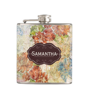 Vintage-Blumenmuster personalisiert mit distressed Flachmann