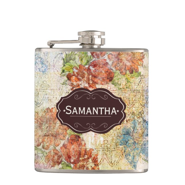Vintage-Blumenmuster personalisiert mit distressed Flachmann (Vorderseite)