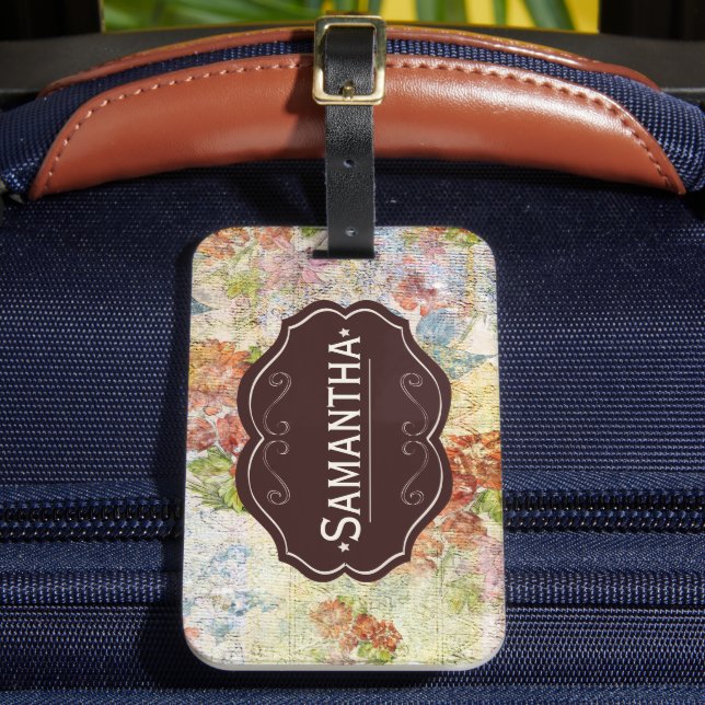 Vintage-Blumenmuster personalisiert mit distressed Gepäckanhänger (Vorderseite Insitu 2)