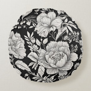 Vintage Blumenmuster Schwarz und Weiß Klassiker Rundes Kissen