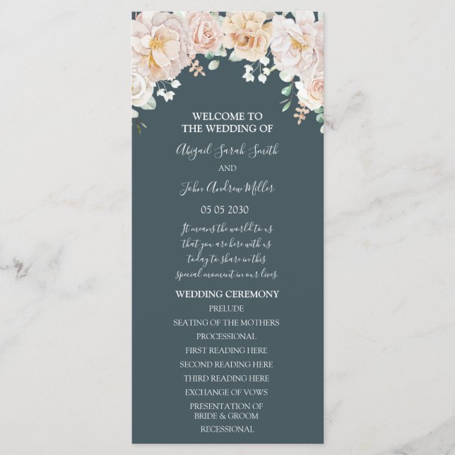 Vintage Blumennavblau Hochzeitsprogramm Programm (Vorderseite)