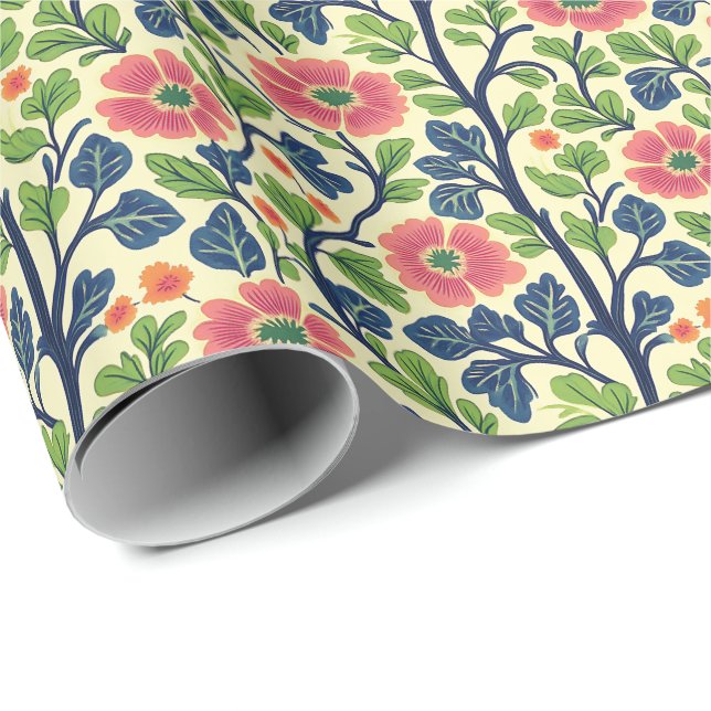 Vintage Blumenrosa Blume Grün Blattfarbe Geschenkpapier (Rolleneckpunkt)