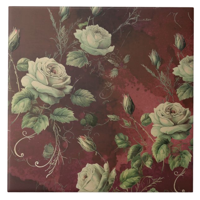 Vintage Blumenrose Grünzeug Fliese (Vorderseite)