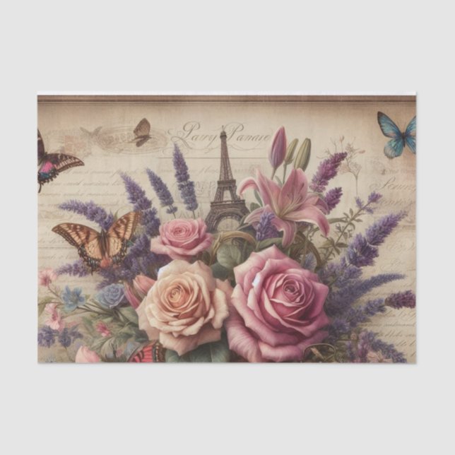 Vintage Blumenschmetterlinge Eiffelturmdecoupage Seidenpapier (Vorderseite)