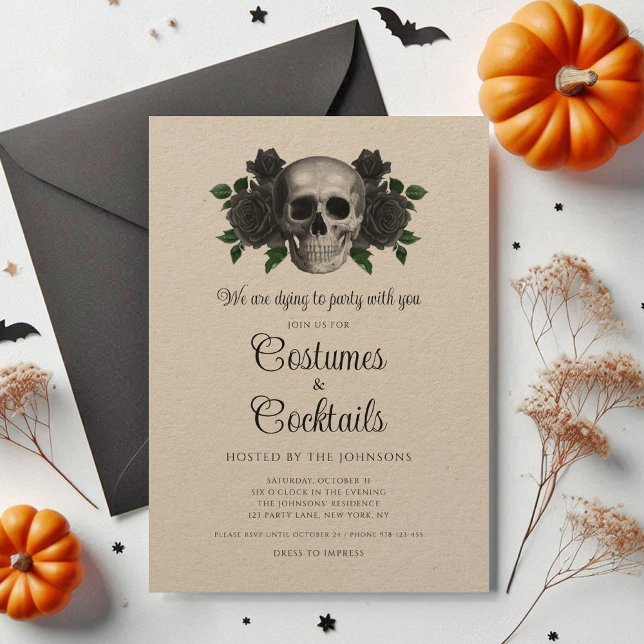 Vintage Blumenschmuckkostüme und CocktailHalloween Einladung (Vintage Floral Skull Costumes & Cocktail Halloween Invitation)