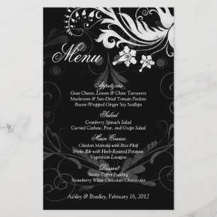 Vintage Blumenschwarz-weiß-Hochzeitsmenükarte