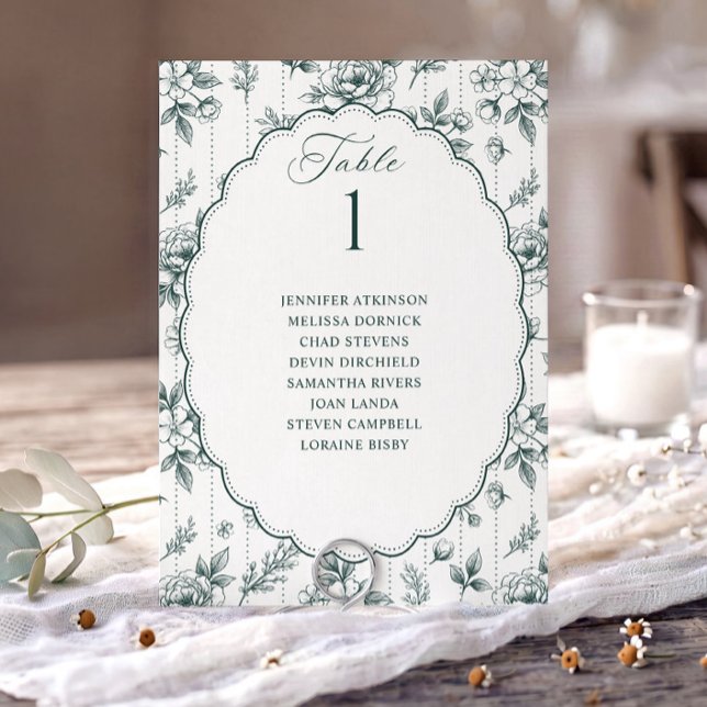 Vintage Blumensitzplan Smaragdgrüne Hochzeit (Emerald green French floral wedding seating chart card with oval scalloped frame.)