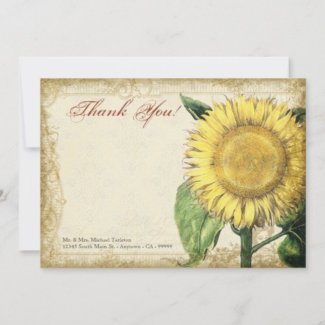 Vintage Blumensonnenblumen - Herbst-Hochzeit im Dankeskarte (Vorderseite)