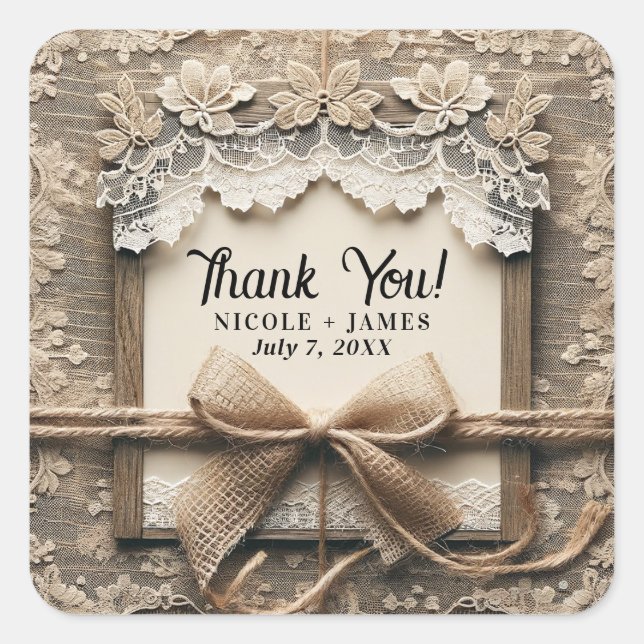 Vintage Blumenstrasse Burlap Rustikale Hochzeit Quadratischer Aufkleber (Vorderseite)
