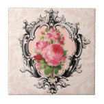 Vintage Blumenstraube Fliese<br><div class="desc">Ornant eingravierte Grenze,  rosa Rosen und blasspfirsichfarbener Damast Hintergrund.</div>