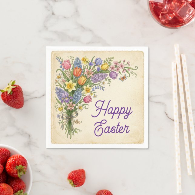 Vintage-Blumenstrauß - Frohe Ostern-Papier-Serviet Serviette (Beispiel)