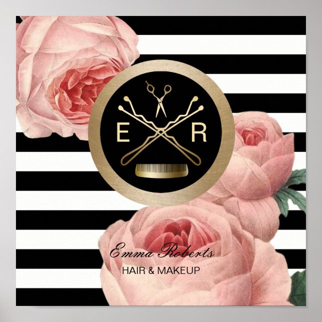 Vintage Blumenstrauß und Comb Streifen Poster (Vorne)