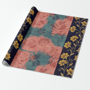 Vintage-Blumenstreifen mit goldenem botanischem Ak Geschenkpapier