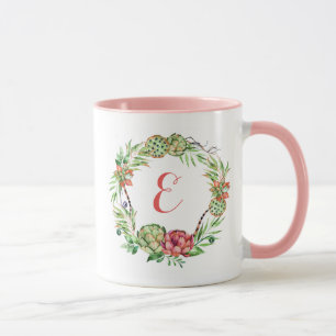 Vintage-Blumensukkulente für die Hochzeit Monogr Tasse