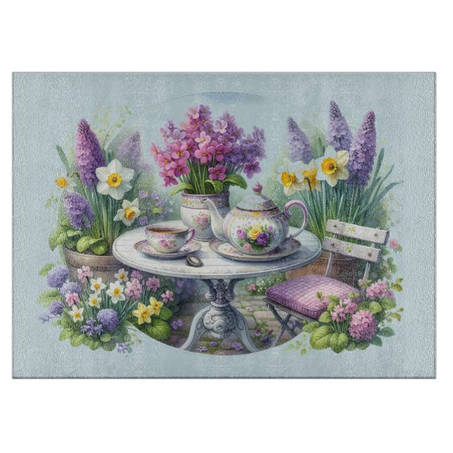 Vintage Blumentee-Party im Garten Schneidebrett (Vorderseite)