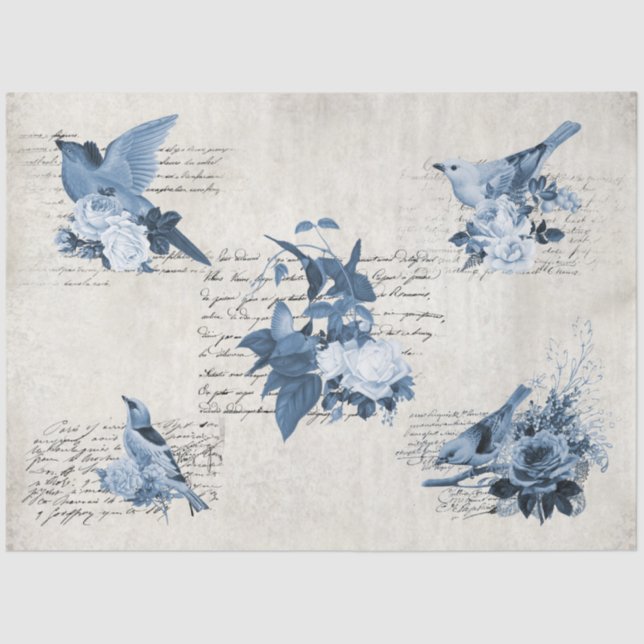 Vintage Blumenvögel Antike Decoupage Seidenpapier (Vorderseite)