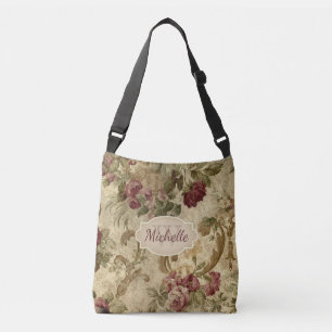 Vintage Blumenweinrose Monogramm & Name Tragetaschen Mit Langen Trägern