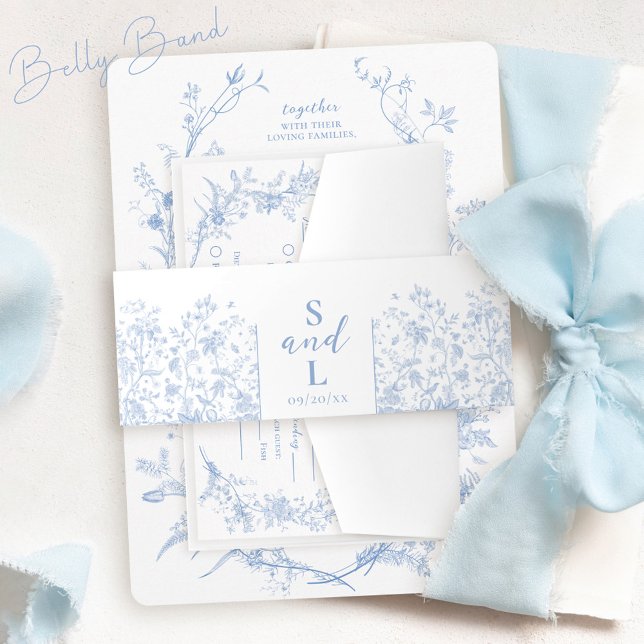 Vintage Blumenzwiebelblauen Hochzeit Einladungsbanderole (Vintage French dusty blue and white hand drawn floral simple monogram wedding invitation belly band)