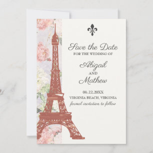 Vintage Blumige Eiffelturm-Hochzeit Paris Lila Save The Date
