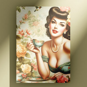 Vintage Blumige Pin-Up Postkarte